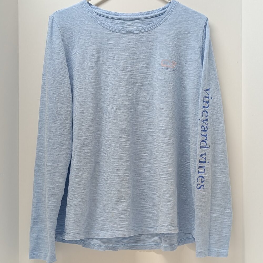 Vineyard Vines LS Slub Graphic Vintage Whale Tee in Crystal Blue & Orange